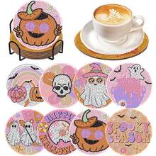8 件/套万圣节图案钻石画杯垫套装带支架，防滑，DIY 创意手工成人钻石艺术杯垫钻石画套件，节日礼物 - 彩色 - 查看 1
