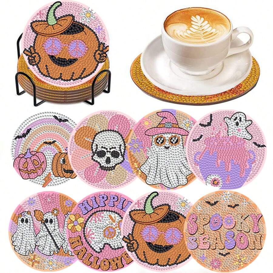 8 件/套万圣节图案钻石画杯垫套装带支架，防滑，DIY 创意手工成人钻石艺术杯垫钻石画套件，节日礼物 - 彩色 - 查看 1