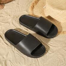 New Fashion Faux Leather EVA Black Slippers, Leather Minimalist INS Style Slides, Suitable For Home, Bathroom, Outdoor, Guest Slippers, Lightweight, Comfortable And Soft