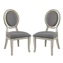 Set Of 2 Padded Gray Fabric Dining Chairs In Antique White- Finish