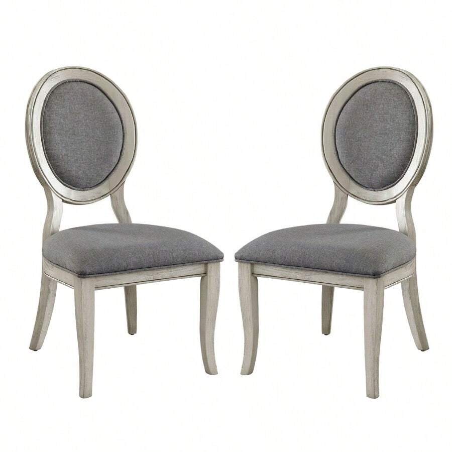 Set Of 2 Padded Gray Fabric Dining Chairs In Antique White- Finish