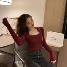 Jerseys para mujer elegante, blusas de mujer de moda manga larga, playera sexy cuello cuadrado ( Talla única para mujeres de 40 kg a 60 kg ), estilo casual, ajuste ajustado, básica, Primavera, Otoño, Invierno, Blanco, Negro, Red, Caqui - Burdeos - Ver 8