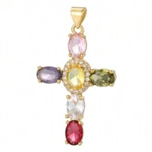 emanco 1pc Large Rainbow Colored Cross Pendant Necklace, Gold Plated Copper With Cubic Zirconia,  Jewelry Accessory - Multicolor - View 17