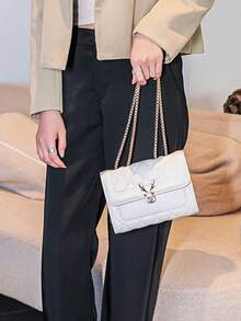 1pc Plaid Diamond Pattern Shoulder Bag For Women, PU Leather Crossbody Bag With Chain Strap For Fall Home Decor - White - View 6