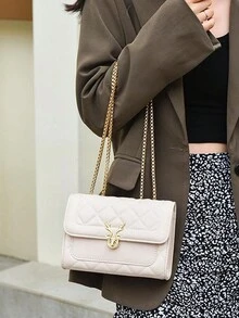 1pc Plaid Diamond Pattern Shoulder Bag For Women, PU Leather Crossbody Bag With Chain Strap For Fall Home Decor - White - View 3