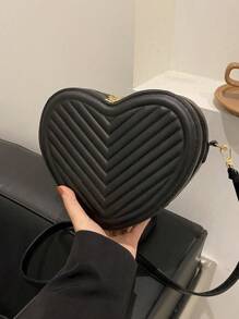 V 形压花 PU 纯色心形女士单肩包，浪漫风格，情人节礼物适合购物、钱包、购物、年轻女性、大学生、新婚夫妇、白领。非常适合办公室、大学、工作、商务、通勤、户外活动、旅行和野餐 - 黑色 - 查看 9