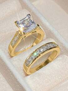 2入組時尚立方氧化鋯鋅合金戒指套，適用於女士日常穿戴、婚禮、訂婚、派對珠寶禮品 - 金色 - 查看 9