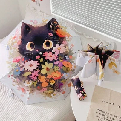 Rainballet 1pc Bouquet Cat Cartoon Folding Umbrella, Anti-UV Women's Umbrella For Sun & Rain With Automatic Open/Close, Portable Travel Umbrella, Spring Summer Picks, Brides Maid Gifts, Room, Bedroom Decor, Bedroom Decor, Beach, Travel, For Men, For Women, Vacation,Cute Stuff