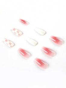 一对24件美甲片，白粉色格子图案，含粉白双色佩戴美甲，青春靓丽优雅，节日女士DIY美甲，含果冻胶，指甲锉，水晶卸甲液 - 彩色 - 查看 4