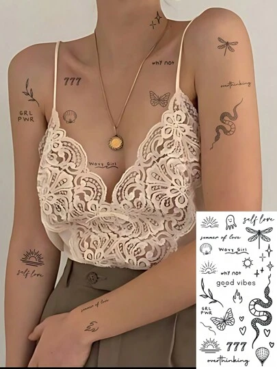 1 Sheet Big Size Body Art Temporary Tattoo Stickers For Women Or Men, Black Simple Line Snake Butterfly Shell Sun Leaf Pattern, English Text Wavy Girl,Why Not,Self Love,Good Vibes,Grl Pwr And Other Text Patterns, Suitable For Finger Size Cute Street Style, Waterproof Fake Tattoo, Lasts 2-5 Days, Covering Scars,Can Be Used On Arms Wrist Shoulders Legs Waist Neck Hand Chest Thighs Finger Ankle, Suitable For Parties, Gifts, Vacations, Body Decoration