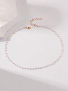 1pc Geometric Shape Long Metal Circular Pendant Faux Pearl Chain Necklace For Women, European And American Simple Fashion Collar Necklace - Yellow Gold - View 3