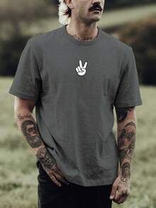 Camiseta Masculina Sinal Peace Hand 100% Algodão Várias Cores - Chumbo - Visão 1