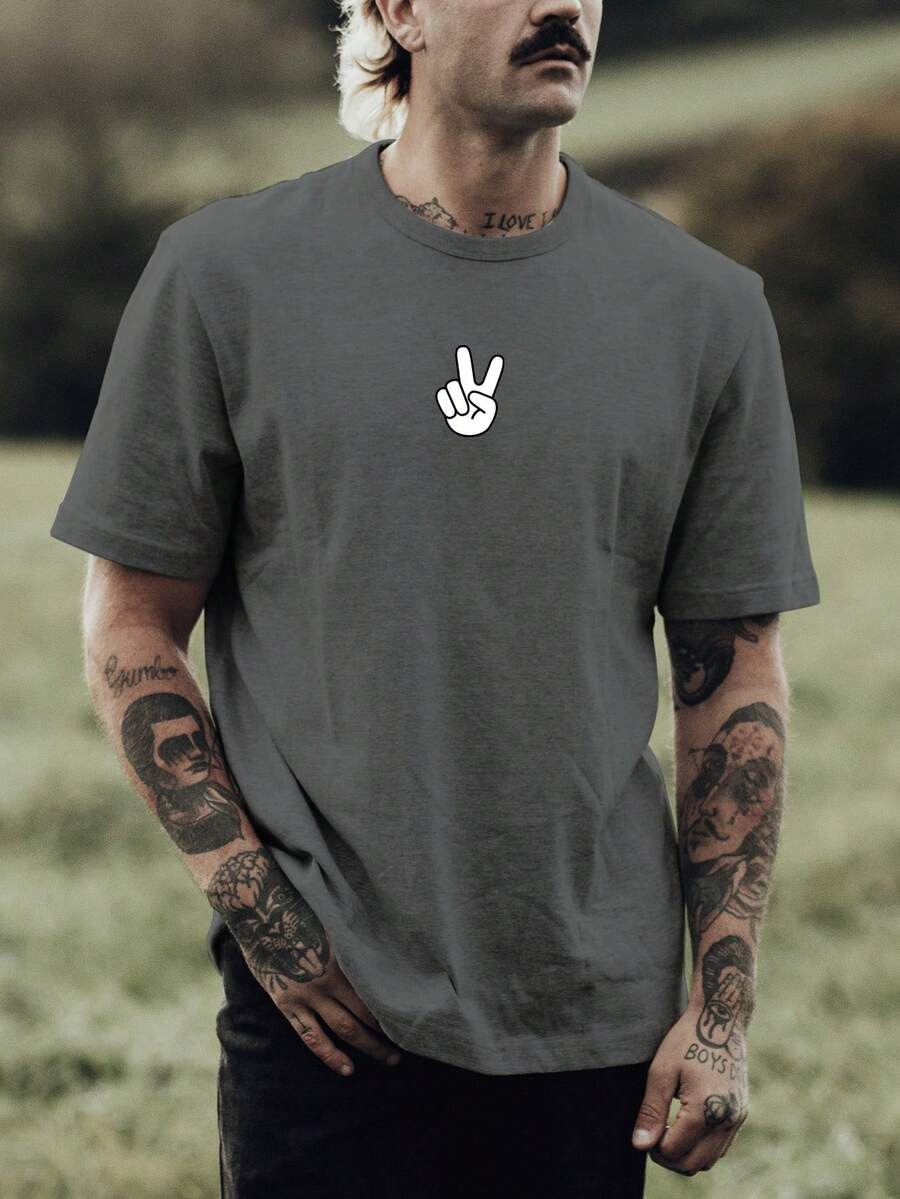 Camiseta Masculina Sinal Peace Hand 100% Algodão Várias Cores - Chumbo - Visão 1