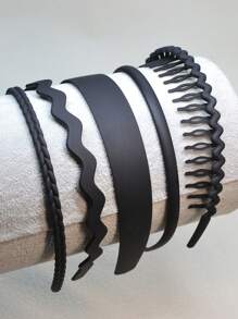 5 piezas Diademas de plástico negro mate minimalistas y delgadas, adecuadas para lavarse la cara, salir, uso diario, accesorios de maquillaje y cabello, accesorios para la cabeza - Negro - Ver 5