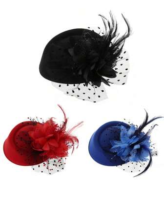1pc Vintage Mesh Bloemen Veren Fascinator Hoed Voor Vrouwenfeest, Bruid Elegante Edele Hoofddeksel Halloween