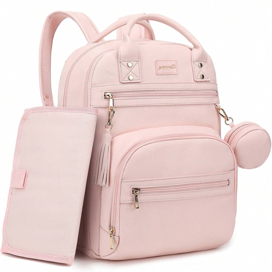 Vegan Leather Diaper Bag Backpack With Changing Pad And Pacifier Holder, Multi-Functional Baby Bag For Boy Girl, Waterproof For Travel, Perfect Baby Shower Gifts For Mom, Dad, Newborn - 粉色 - 查看 1