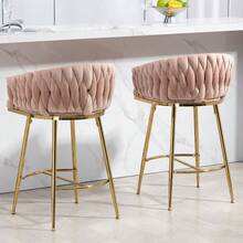 26'' Counter Height Bar Stools Velvet Kitchen Island Counter Bar Stool With Hand- Wave Back,Golden Chromed Base And Footrest(PINK) - 1 - Xem 2