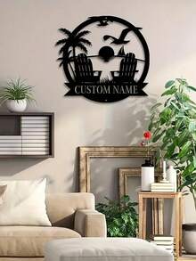 1入量身定制的鐵製金屬夕陽沙灘壁畫，鄉村風格家居臥室藝術裝飾，帶自定義名稱的門廊露台禮物壁掛裝飾 - 黑色 - 查看 3