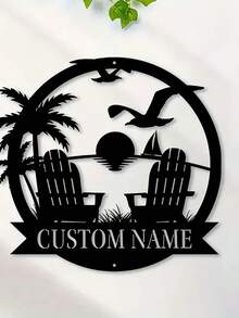 1入量身定制的鐵製金屬夕陽沙灘壁畫，鄉村風格家居臥室藝術裝飾，帶自定義名稱的門廊露台禮物壁掛裝飾 - 黑色 - 查看 4