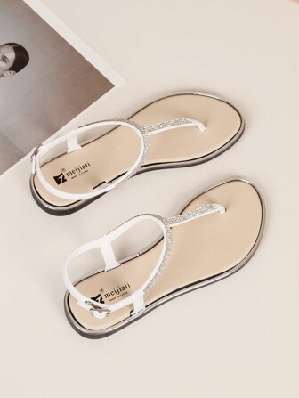 女式閃石扁平涼鞋，露趾式設計，時尚百搭，羅馬風格，夏季適用於服裝和沙灘裝