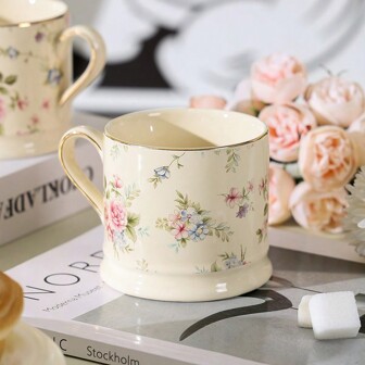 1pc European Style Ceramic Mug Cup, High-End Floral Cup, Gold-Lined Coffee Cup, Highly Attractive Retro Cup, Nordic Style Home Coffee Cup, Milk Tea Cup Back To School
