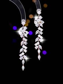 Frunză strălucitoare cercei lungi cu clipă pentru urechi 2 buc femei din zirconiu cubic Cercei cu picătură fără străpunsuri, placate cu aur roz, nuntă, bijuterii, petrecere, aniversare, logodnă, cadou de zi de naștere pentru iubita soție BBF