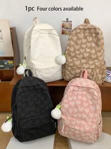 1 件女孩拉链开合简约背包，时尚百搭书包，极具吸引力，心形印花，纯色单肩包适合日常使用，返校 - 彩色 - 查看 1