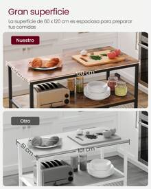 VASAGLE Isla de Cocina con Encimera Grande, Estantería de Cocina de 3 Niveles, Marco de Acero, 60 x 120 x 90 cm, Estilo Industrial, Fácil de Montar, Marrón Rústico y Negro/Greige y Negro/ Roble Blanco
