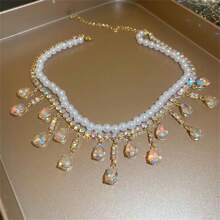 1pc Double Layer Cubic Zirconia & Pearl Necklace - ABgold - View 3