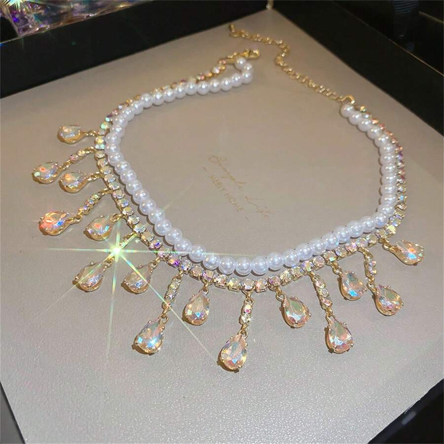 1pc Double Layer Cubic Zirconia & Pearl Necklace - ABgold - View 1