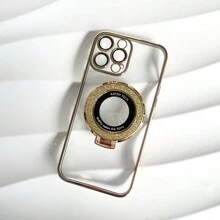 With Phone Charm 1pc Gold Plated TPU Phone Case For Magsafe Stand, With Camera Lens Protector, Shockproof Cover Compatible With IPhone 15pro Max 14 13 12 11, Full Coverage - Gold - View 4