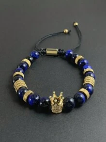 1 件男士魅力复古虎眼石和微镶嵌方晶锆石皇冠装饰可调节编织手链，休闲商务风格，是送给父亲或情侣在节日表达欣赏和爱意的理想礼物 - 虎眼石手串 - 查看 9