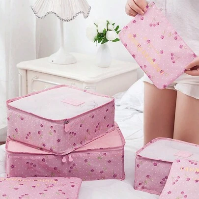 6pcs Waterproof Floral Print Luggage Packing Cubes, Travel Clothes Organizer Set, Portable Zipper Packing Organizer Cubes For Suitcase, Dorm, College, Simple Design (All Prints & Letters Random) Back To School Supplies