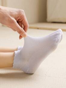1/10 双装儿童夏季薄网眼袜，纯白色蕾丝边无缝学生袜 - 白色 - 查看 2