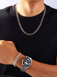 3pcs/Set Boys' Casual Sports Stainless Steel Quartz Watch And Bracelet & Necklace Set