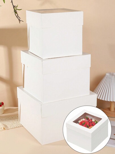 1/3Pcs Tall Cake Boxes With Window In 3 Sizes:12 10 8 Inch, Bakery Boxes Disposable Carrier Take Out Container, White Large Cardboard Bakery Take Out Carrier With Lids,Boxes For Valentine's Day, Wedding, Birthday, Party School Supplies Food Bag Food Box Suitable For Candy Chocolate Cookies Etc.