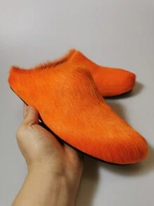 新款毛絨封閉式拖鞋，厚底鬆餅底，適用於秋冬季的室內外兩用家居鞋 - 橘色 - 查看 9