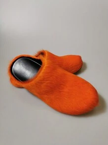 新款毛絨封閉式拖鞋，厚底鬆餅底，適用於秋冬季的室內外兩用家居鞋 - 橘色 - 查看 11