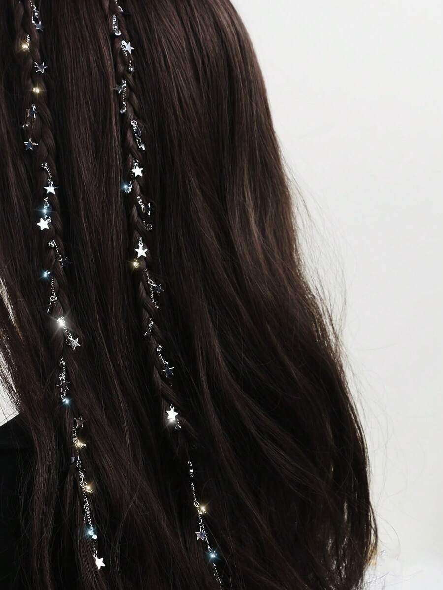2件装女士星形水钻编织发链，女士发饰流苏链发夹配饰发卡发爪发夹发卡，适合上学、派对等场合，可作发饰或头饰。 - 銀色 - 查看 1