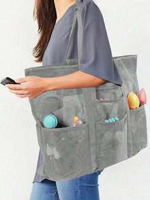 1 pieza bolsa de playa de malla grande, bolsa de lona de playa impermeable tipo organizador multifunción con cierre de cremallera, bolsa impermeable en el interior, bolsa de lona grande y práctica plegable de malla liviana para la familia, ideal para llevar juguetes y accesorios de verano para las vacaciones - Multicolor - Ver 2