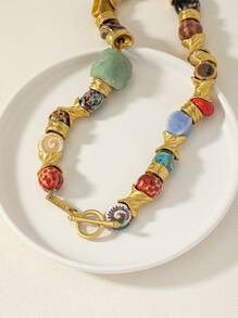 1 Zinc Alloy Gold-Plated Yellow Beaded Ceramic Natural Stone European And American Exaggerated Retro Necklace