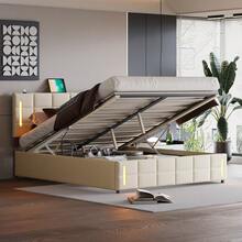 Queen Size Upholstered Bed With Hydraulic Storage System And LED Light, Beige - Màu be + vải lanh - Xem 2