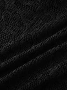 Solid Color Lace Short Sleeve Cute Plus Size V-Neck Dress - Black - View 6