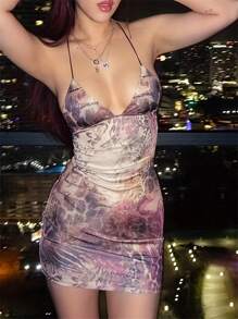 Summer Purple Sexy Halter Dress With Bow Tie - Purple - View 1