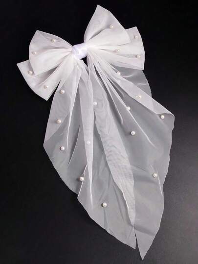 1pc Mesh-Netting Ribboned Triangle Scarf With Pearl & Bowknot, Long Alligator Hair Clip For Girls Daily Hairstyle Decor Halloween