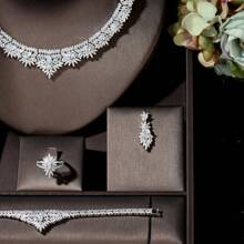 1set Fashionable Cubic Zirconia Feather Decorated Jewelry Set Suitable For Women's Graduation Ceremony - Silver - View 3