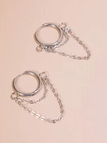1pair Fashionable Chain & Hoop Earrings, Stainless Steel Material, Suitable For Women's Daily Wear
