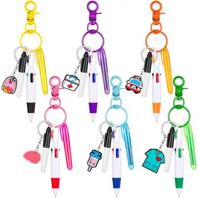 1/2/6 Set Mini Highlighter Nurse Pens For Badge Reel Pen Include 1 Tip Highlighter 1 Permanent Marker Pen And 1 Retractable Ball Pen With 1 Nursing Keychain Clip Back To School