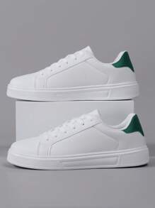 Men's Casual Flat Shoes With Round Toe And Lace-Up Soft Sole, White PU Leather Low Top Sneakers For Spring And Autumn