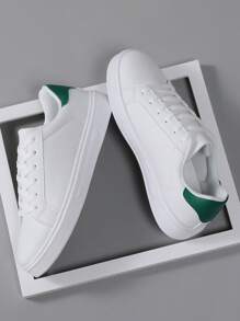 Men's Casual Flat Shoes With Round Toe And Lace-Up Soft Sole, White PU Leather Low Top Sneakers For Spring And Autumn